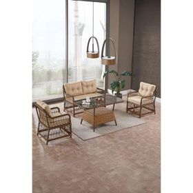Evdemo Breda 2+1+1 Kahve Cam Masalı Rattan Örgü Bahçe Balkon Takımı