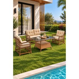Evdemo Breda 2+1+1 Kahve Cam Masalı Rattan Örgü Bahçe Balkon Takımı