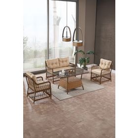 Evdemo Breda 2+1+1 Kahve Cam Masalı Rattan Örgü Bahçe Balkon Takımı