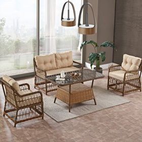 Evdemo Breda 2+1+1 Kahve Cam Masalı Rattan Örgü Bahçe Balkon Takımı