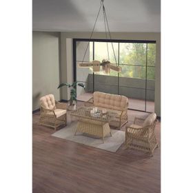 Evdemo İcon 2+1+1 Cappuccino Camlı Masa Rattan Bahçe Balkon Oturma Takımı