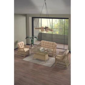 Evdemo İcon 2+1+1 Cappuccino Camlı Masa Rattan Bahçe Balkon Oturma Takımı