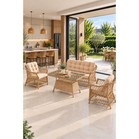 Evdemo İcon 2+1+1 Cappuccino Camlı Masa Rattan Bahçe Balkon Oturma Takımı