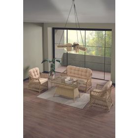 Evdemo İcon 2+1+1 Cappuccino Camlı Masa Rattan Bahçe Balkon Oturma Takımı