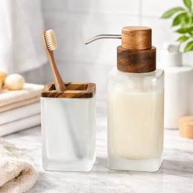 Evidea Bath Ahşap Detaylı Beyaz Kahverengi 2'li Banyo Sıvı Sabunluk Seti