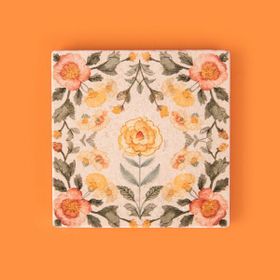 Evidea Kitchen Turuncu Çiçekli Taş Renkli 10x10 cm Bardak Altlığı