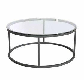 Evka Potrica Yuvarlak Metal Siyah Ayak Şeffaf Cam Tabla Orta Sehpa