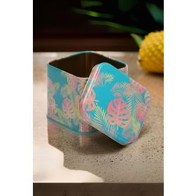 Evle EF014-Q8 Leaf Pink Blue Desenli Kare Metal Saklama Kabı