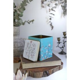 Evle ER024-9F Botanica Blue Desenli Kare Metal 12x12 CM Saklama Kabı