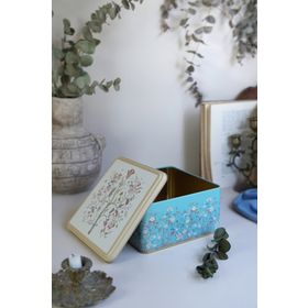 Evle ER028-9F Botanica Blue Desenli 20X20 CM Kare Metal Saklama Kabı
