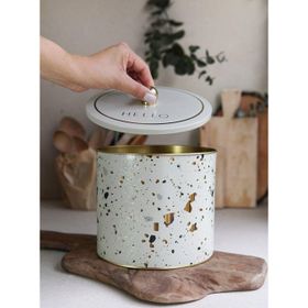 Evle ER146-9G Terrazzo Cream Desenli Yuvarlak Metal Saklama Kabı
