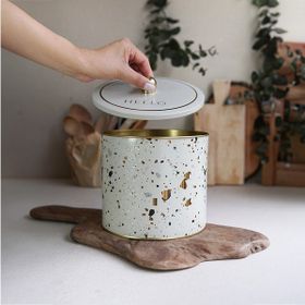 Evle ER146-9G Terrazzo Cream Desenli Yuvarlak Metal Saklama Kabı