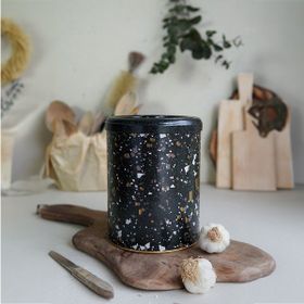 Evle ER188-1H Terrazzo Black Desenli Yuvarlak Metal Saklama Kabı