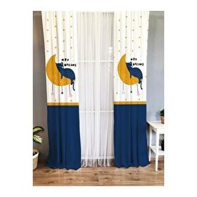 Evmila Baskılı Ayda Uyuyan Kedi Desenli Tek Kanat Kadife Doku Lacivert 140x260 cm Fon Perde