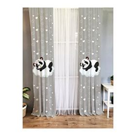 Evmila Baskılı Bulutta Uyuyan Panda Desenli Tek Kanat Kadife Doku Gri 140x260 cm Fon Perde