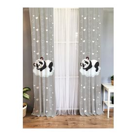 Evmila Baskılı Bulutta Uyuyan Panda Desenli Tek Kanat Kadife Doku Gri 140x260 cm Fon Perde