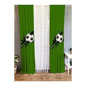Evmila Baskılı Futbol Topu Desenli Yeşil 70x260 cm Tek Kanat Kadife Doku Fon Perde