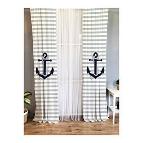 Evmila Baskılı Gemi Çapa Desenli Gri 140x260 cm Tek Kanat Kadife Doku Fon Perde