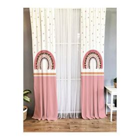 Evmila Baskılı Gökkuşağı Desenli Pembe 70x260 cm Tek Kanat Kadife Doku Fon Perde