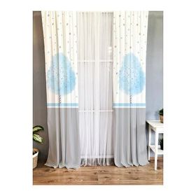 Evmila Baskılı Modern Desenli Gri ve Mavi 140x260 cm Tek Kanat Kadife Doku Fon Perde