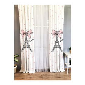 Evmila Baskılı Pembe Kurdeleli Eyfel Kulesi Desenli Beyaz 140x260 cm Tek Kanat Kadife Doku Fon Perde