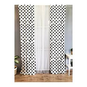 Evmila Baskılı Siyah Kalp Desenli Beyaz 140x260 cm Tek Kanat Kadife Doku Fon Perde