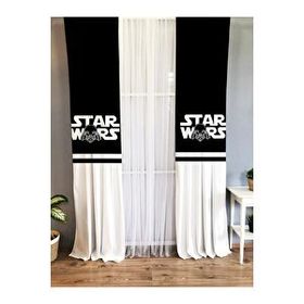 Evmila Baskılı Star Wars Desenli Siyah ve Beyaz 140x260 cm Tek Kanat Kadife Doku Fon Perde