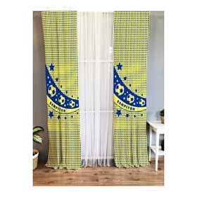 Evmila Baskılı Top Desenli Şampiyon Yazılı Sarı Lacivert 140x260 cm Tek Kanat Kadife Doku Fon Perde