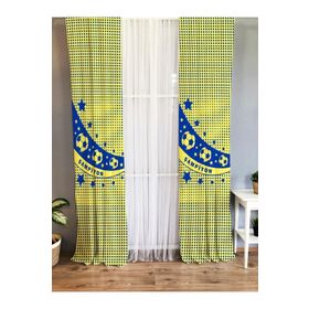 Evmila Baskılı Top Desenli Şampiyon Yazılı Sarı Lacivert 140x260 cm Tek Kanat Kadife Doku Fon Perde