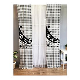 Evmila Baskılı Top Desenli Şampiyon Yazılı Siyah Beyaz 70x260 cm Tek Kanat Kadife Doku Fon Perde