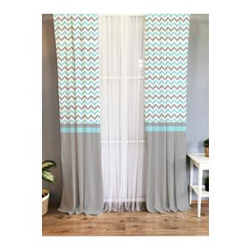 Evmila Baskılı Zikzak Desenli Gri ve Mavi 140x260 cm Tek Kanat Kadife Doku Fon Perde