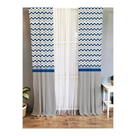 Evmila Baskılı Zikzak Desenli Gri ve Mavi 70x260 cm Tek Kanat Kadife Doku Fon Perde