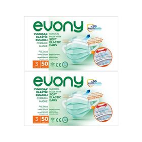 Evony 100'lü 3 Katlı Filtreli Burun Telli Cerrahi Maske