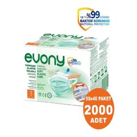 Evony 2000 Adet 3 Katlı Filtreli Burun Telli Cerrahi Maske
