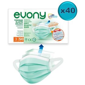 Evony 2000 Adet 3 Katlı Filtreli Burun Telli Cerrahi Maske