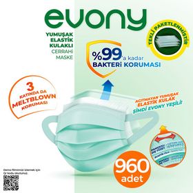 Evony 24x40 960 Adet 3 Katlı Yumuşak Elastik Kulaklı Cerrahi Maske