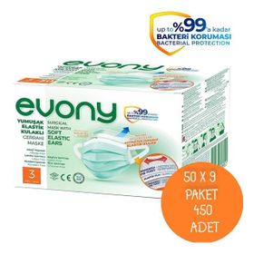 Evony 3 Katlı Filtreli Burun Telli 450 Adet Cerrahi Maske