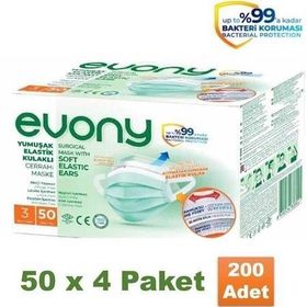 Evony 3 Katlı Yumuşak Elastik Kulaklı 200 Adet Maske