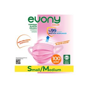 Evony 3 Katlı Yumuşak Elastik Kulaklı S/M 100 Adet Pembe Maske