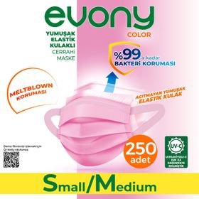 Evony 3 Katlı Yumuşak Elastik Kulaklı S/M 250 Adet Pembe Maske