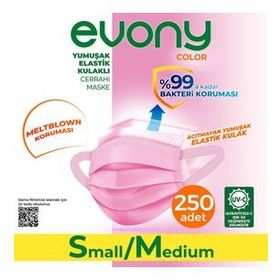 Evony 3 Katlı Yumuşak Elastik Kulaklı S/M 250 Adet Pembe Maske