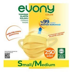 Evony 3 Katlı Yumuşak Elastik Kulaklı S/M 250 Adet Sarı Maske