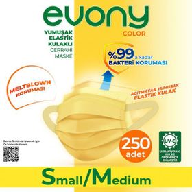 Evony 3 Katlı Yumuşak Elastik Kulaklı S/M 250 Adet Sarı Maske