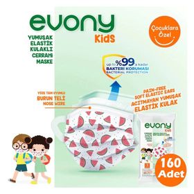 Evony Çocuk Maskesi 3 Katlı Yumuşak Elastik Kulaklı 160 Adet Yeşil Telli Maske