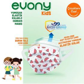 Evony Çocuk Maskesi 3 Katlı Yumuşak Elastik Kulaklı 160 Adet Yeşil Telli Maske