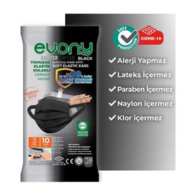 Evony Siyah Elastik Kulaklı 10'lu Cerrahi Maske