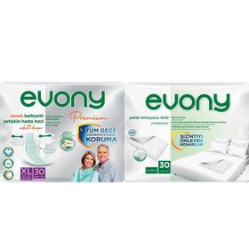 Evony Yetişkin Bel Bantlı Tekstil Yüzey Büyük 30 Adet Premium Hasta Bezi+30 Adet Yatak Koruyucu Örtü