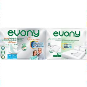 Evony Yetişkin Bel Bantlı Tekstil Yüzey Orta 30 Adet Premium Hasta Bezi+30 Adet Yatak Koruyucu Örtü