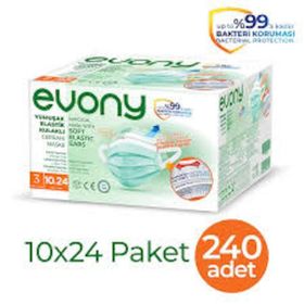 Evony Yumuşak Elastik Kulaklı 3 Katlı 240 Adet Telli Cerrahi Maske