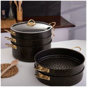 Evren 6 Parça 28 cm Gold Stone Ezme Seri Buharlı Mantı Tencere Seti